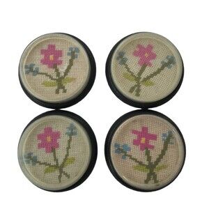 VTG Grannycore Coasters 4" Pink Green Cream Floral Needlepoint Plastic Covers 4
